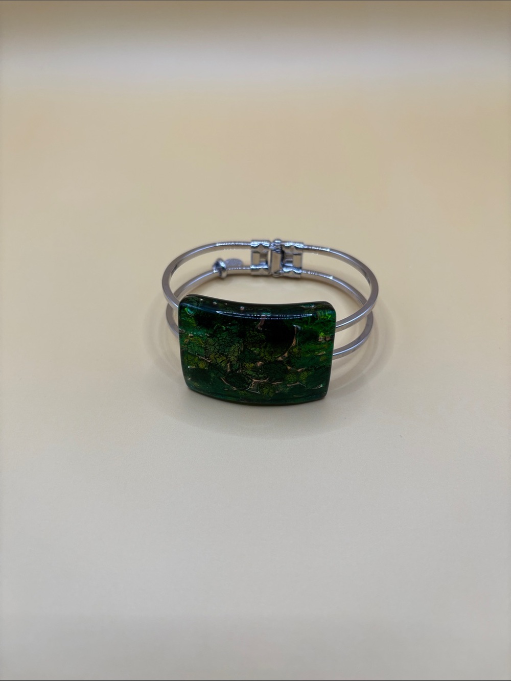Green Gold Murano Glass Rectangle  Statement Hinge Cuff Bracelet